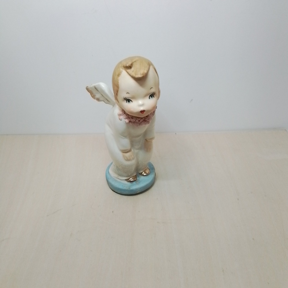 Napco Angel Baby Figurine C395A 1956 Blue Base Cherub Vintage Ceramic‎